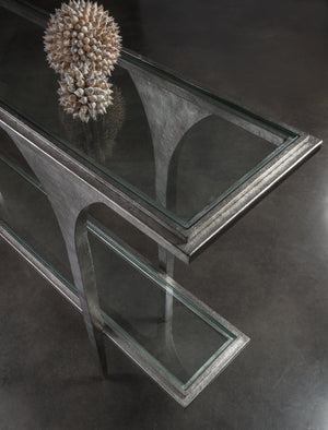 Lexington Artistica Home Porto Silver Console Table - Stunning Hand-forged Iron Base With Textured Glass And Unique Design Silver Leaf Wood 2360-966