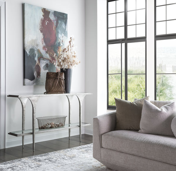 Lexington Artistica Home Porto Silver Console Table - Stunning Hand-forged Iron Base With Textured Glass And Unique Design Silver Leaf Wood 2360-966