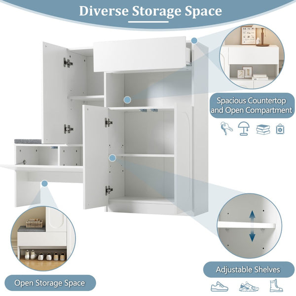 English Elm On-Trend 2-In-1 Shoe Cabinet With Soft Cushion & Arched Doors – Modern Storage Bench For Entryway, White N721P245716K-GIGA