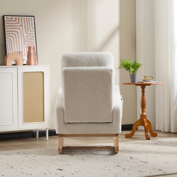 English Elm Modern Teddy Rocking Chair with Solid Wood Legs, High Back Nursery Glider, Side Pocket, 300LB Capacity W3723P409072