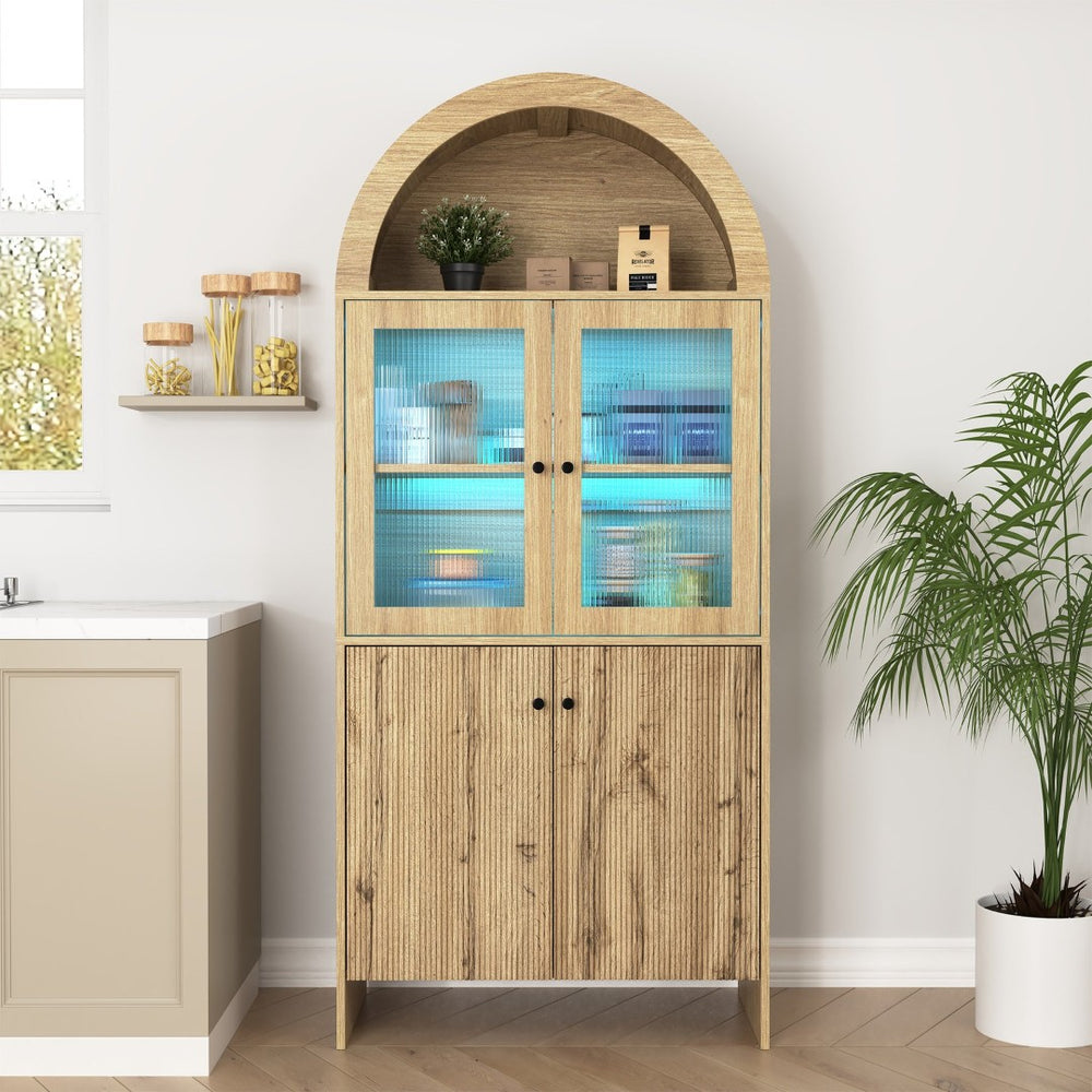 English Elm Natural Wood Grain Mdf Dome Cabinet with Led Lighting for Snack and Beverage Storage W3226P279091