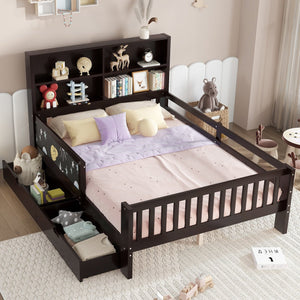 English Elm Full Solid Wood Platform Bed with Chalkboard Headboard, Storage Drawers & Shelves, Kid-Friendly White Espresso W1580P362709