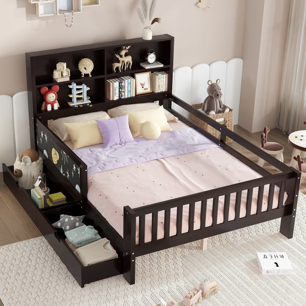 English Elm Full Solid Wood Platform Bed with Chalkboard Headboard, Storage Drawers & Shelves, Kid-Friendly White Espresso W1580P362709