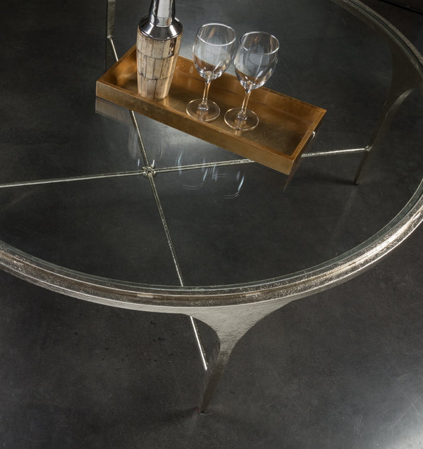 Lexington Artistica Home Porto Champagne Cocktail Table - Hand-forged Iron Base With Textured Silver Leaf Finish & Glass Top Champagne Wood 2361-943