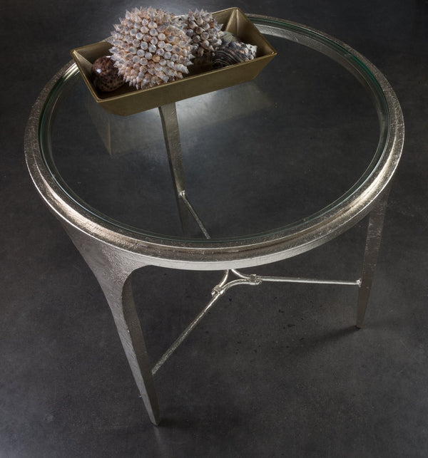 Lexington Artistica Home Porto Champagne Round End Table - Hand-forged Iron Base With Glass Top, Unique Design For Luxury Living Champagne Wood 2361-953