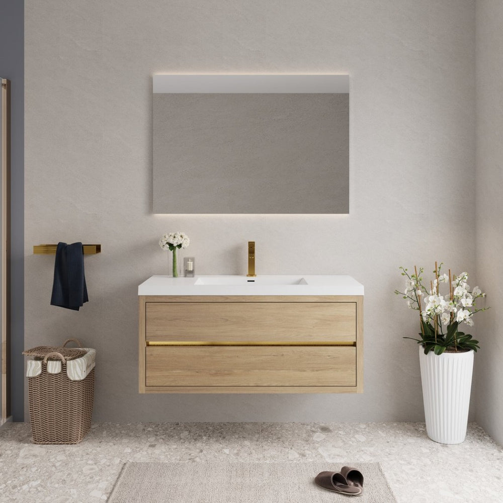 English Elm 48" Floating Bathroom Vanity Natural Oak Stone Resin Sink Soft Close Storage Cabinet W1573P211186