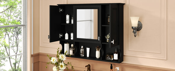 English Elm 35'' Modern Wall-Mounted Medicine Cabinet with Mirror, Hidden Storage and Open Shelves for Bath Black N710P209443B