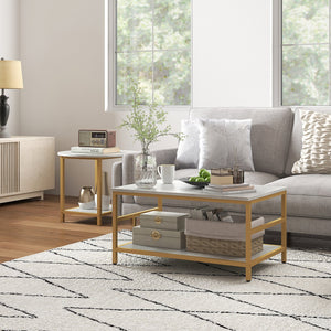 English Elm HOMCOM Modern 2-Piece Marble Top Coffee Table Set with Gold Steel Frame and 2-Tier Storage Shelves White W2225P200534