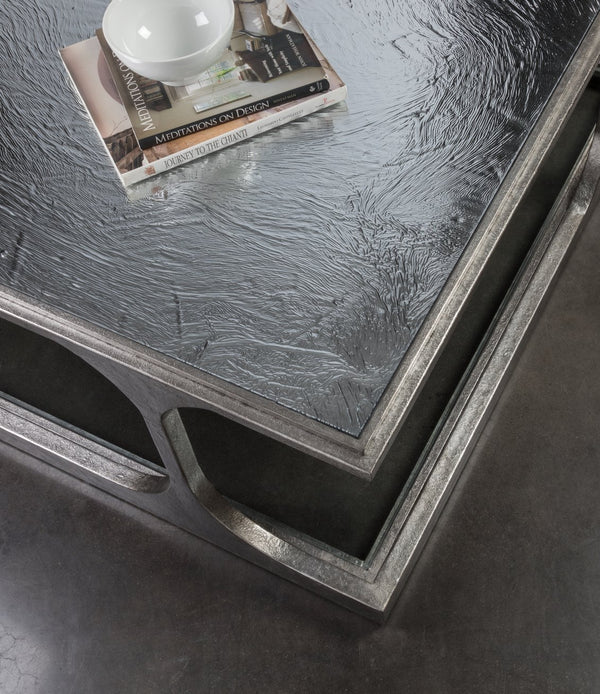 Lexington Artistica Home Bond Street Square Cocktail Table - Upscale Iron Design With Unique Tempered Glass Shelf And Artistry Silver Leaf Wood 2362-947