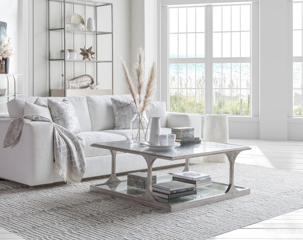 Lexington Artistica Home Bond Street Square Cocktail Table - Upscale Iron Design With Unique Tempered Glass Shelf And Artistry Silver Leaf Wood 2362-947