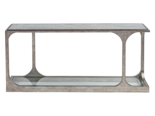Lexington Artistica Home Bond Street Sofa Table - Upscale Designer Iron Table With Unique Glass Top And Artistic Open Arc Design Silver Leaf Wood 2362-967