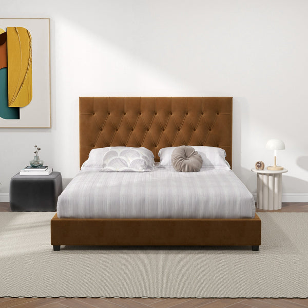 English Elm Ashcroft Furniture - Donald Mid Century Modern Cognac Velvet Platform Bed - Chic, Durable Design For Stylish Comfort B183S00086
