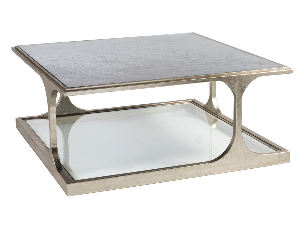Lexington Artistica Home Bond Street Square Cocktail Table - Upscale Iron Design With Unique Tempered Glass Shelf And Artistry Champagne Wood 2363-947