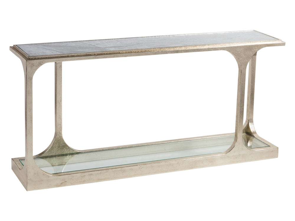 Lexington Artistica Home Bond Street Sofa Table - Upscale Designer Iron Table With Unique Glass Top And Artistic Open Arc Design Champagne Wood 2363-967