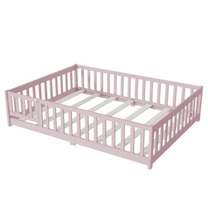 English Elm Full Size Rubberwood Floor Bed with Safety Guardrails and Latching Door for Toddlers Pink W504P429304