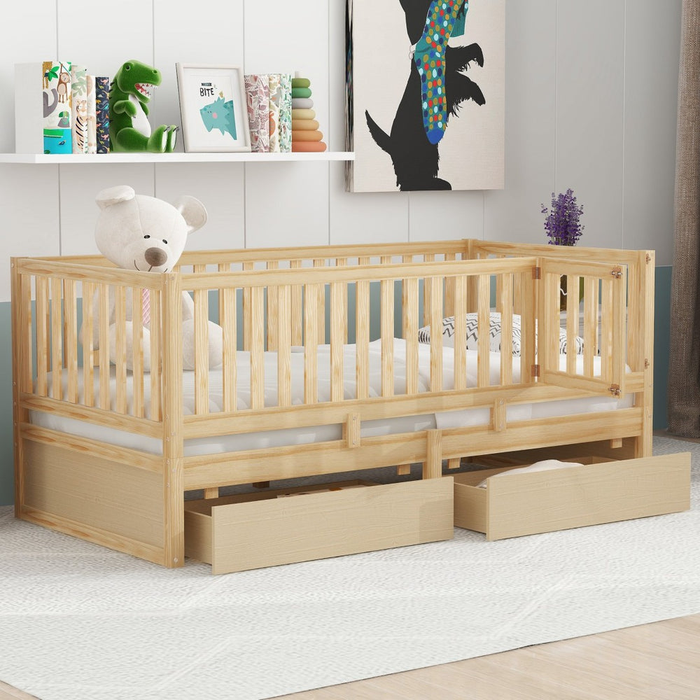 English Elm Twin Pinewood Daybed with Fence Guardrails Splits Into Two Floor Beds Storage Natural LP100881AAN