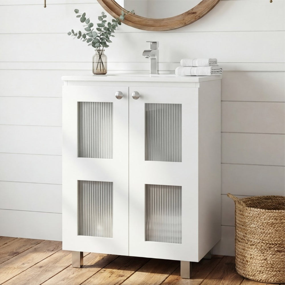 English Elm Haysi Frosted Glass Bathroom Vanity with Resin Sink and Shelved Storage Cabinet B070S00416