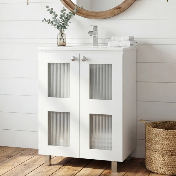 English Elm Haysi Frosted Glass Bathroom Vanity with Resin Sink and Shelved Storage Cabinet B070S00416