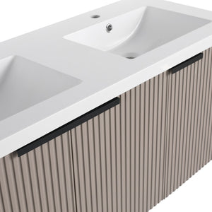 English Elm 48" Modern Wall-Mounted Bathroom Vanity With Double Sink, Soft-Close Doors & Stylish Wavy Panels W999S00353
