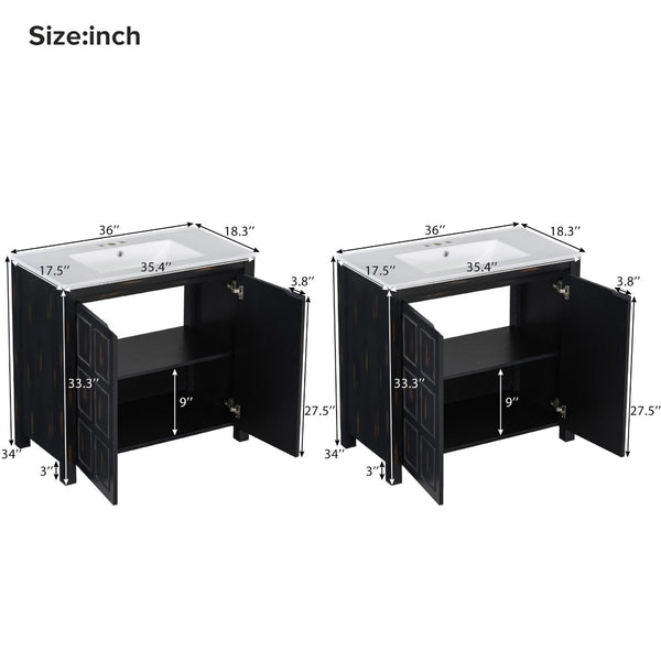 English Elm Modern 48 Inch Freestanding Bathroom Vanity Dual Ceramic Sinks Soft Close Gold Handles N729P000004P