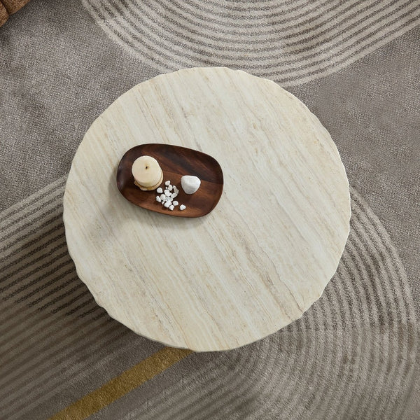 English Elm 31.69 Inch Round Fiberglass Coffee Table Sculptural Stone Finish for Modern Living Room W876P450501