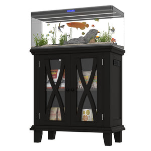 English Elm 20 Gallon Fish Tank Stand with Built-In Power Outlets & USB, Farmhouse Style Aquarium Cabinet with Adjustable Shelves and Heavy-Duty 298lb Tabletop Capacity Black N704P350196B