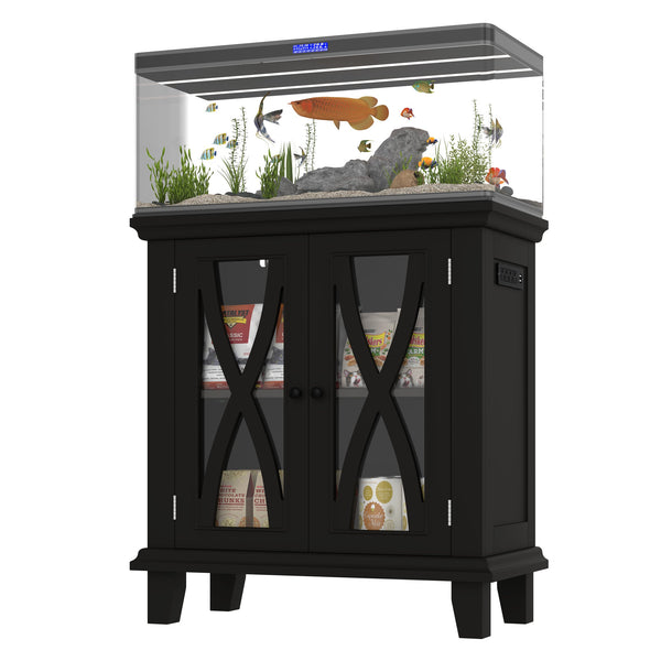 English Elm 20 Gallon Fish Tank Stand with Built-In Power Outlets & USB, Farmhouse Style Aquarium Cabinet with Adjustable Shelves and Heavy-Duty 298lb Tabletop Capacity Black N704P350196B