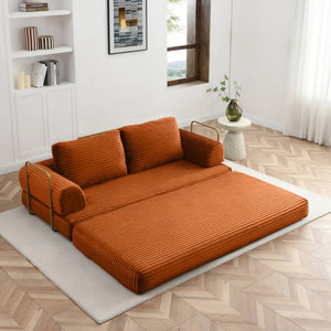 English Elm Convertible Floor Sofa Futon with Corduroy Upholstery for Living Room Lounging and Sleeping Orange W1117P434732