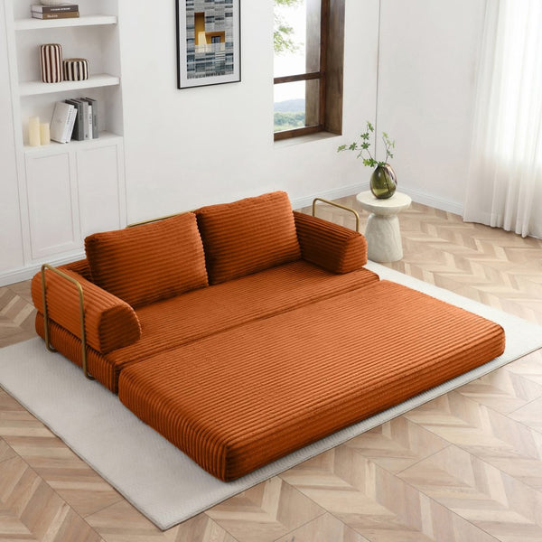 English Elm Convertible Floor Sofa Futon with Corduroy Upholstery for Living Room Lounging and Sleeping Orange W1117P434732