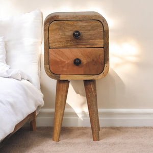 English Elm Solid Wood Mini Curved Bedside Table With Nordic Legs, 2 Drawers For Stylish Small Space Solutions B182P279180-GIGA