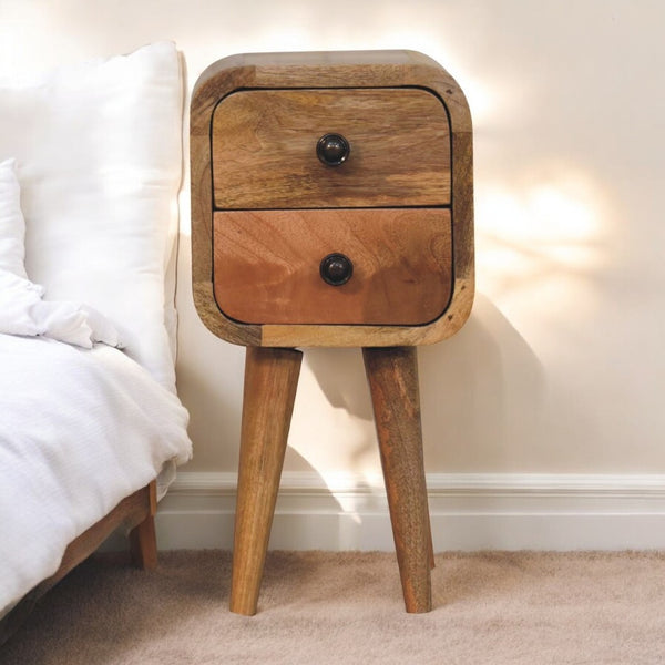 English Elm Solid Wood Mini Curved Bedside Table With Nordic Legs, 2 Drawers For Stylish Small Space Solutions B182P279180-GIGA