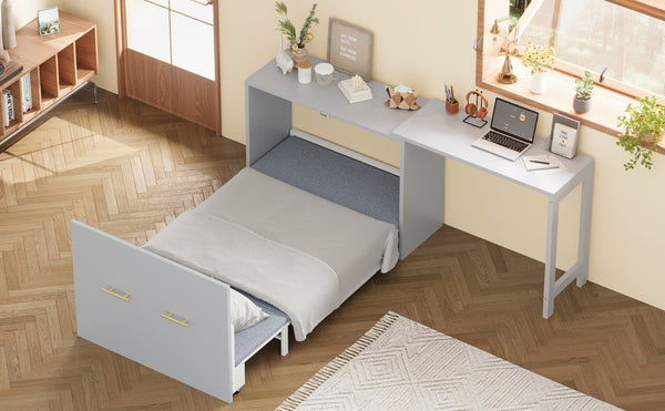 English Elm Twin Size Murphy Cabinet Bed With Adjustable Desk - Space-Saving Gray Chest Dresser For Guests N733P272603E-GIGA