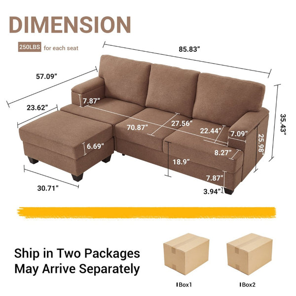 English Elm 86" Linen Sectional Sofa with Storage Ottoman Reversible Chaise for Small Spaces W1669S00036