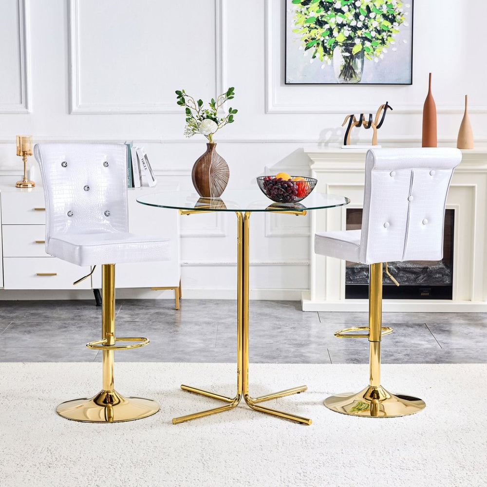 English Elm A Set of 2 Glam Faux Alligator Pvc Barstools with Crystal Buckle Detail White W1512P491869