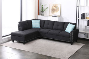 English Elm Black Faux Leather L Shaped Sectional with Cup Holders Nailhead Trim Storage Charcoal Grey B2730S00029