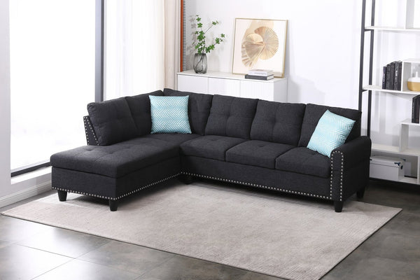 English Elm Black Faux Leather L Shaped Sectional with Cup Holders Nailhead Trim Storage Charcoal Grey B2730S00029