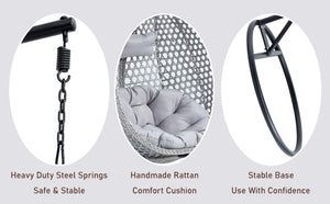 English Elm 76.8-inch Hand Woven Rattan Egg Swing Chair Indoor Outdoor with Cushion Lumbar Pillow Gray W1512P498595