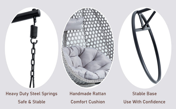 English Elm 76.8-inch Hand Woven Rattan Egg Swing Chair Indoor Outdoor with Cushion Lumbar Pillow Gray W1512P498595
