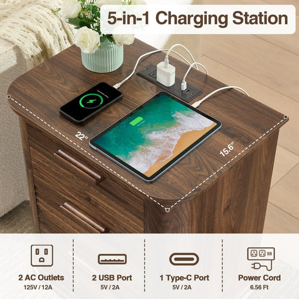 English Elm 22" Fluted Wood Nightstand with Built-in Charging Station Three Drawer Bedside Storage T5326P431148