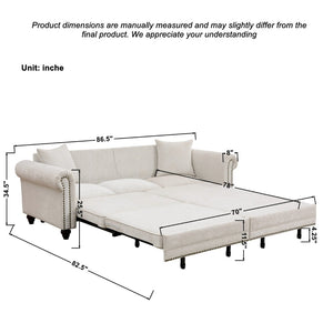 English Elm 86" Chenille Sleeper Sofa with Nailhead Rolled Arms Three Seat Convertible for Any Room Beige W3373S00087