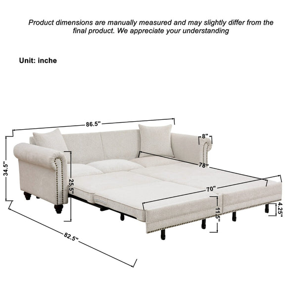 English Elm 86" Chenille Sleeper Sofa with Nailhead Rolled Arms Three Seat Convertible for Any Room Beige W3373S00087