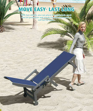 English Elm Lounge Outdoor Hdpe Reclining Chaise with Teslin Fabric Seat Wheels and Cup Holder Navy Blue W1859P495099