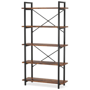 English Elm Open Five Tier Industrial Bookshelf with Steel Frame and Warm Brown Wood Finish T3971P458278