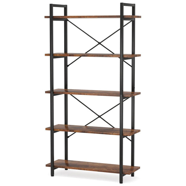 English Elm Open Five Tier Industrial Bookshelf with Steel Frame and Warm Brown Wood Finish T3971P458278