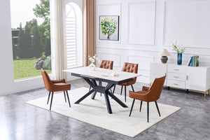 English Elm Modern Extendable Sintered Stone Dining Table with Auto-Lift, Scratchproof Waterproof Top & Black Metal Base W3493S00005