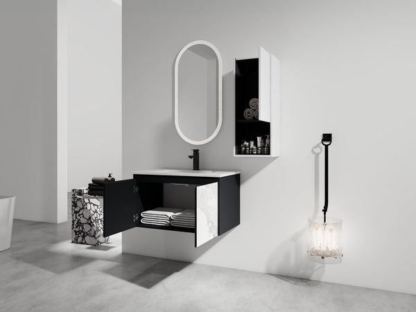 English Elm 30" Wall-Mounted Bathroom Vanity Set With Ceramic Sink, Soft-Close Doors & Ample Storage Solution W999S00331