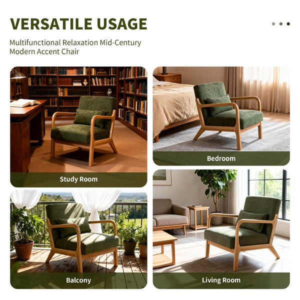 English Elm Mid Century Modern Accent Chair Rubberwood Frame Lumbar Pillow Support Living Room W2989P426365