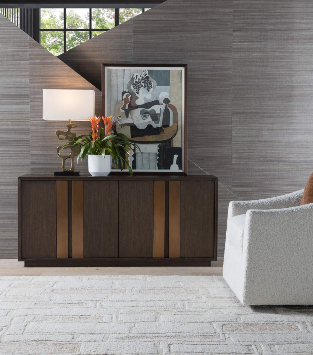 Lexington Andare Media Console with Antiqued Brass Posts Adjustable Shelves and Cord Management 2371-907
