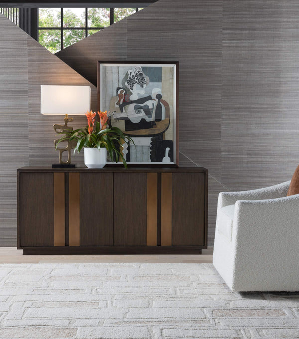 Lexington Andare Media Console with Antiqued Brass Posts Adjustable Shelves and Cord Management 2371-907