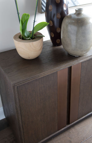 Lexington Andare Media Console with Antiqued Brass Posts Adjustable Shelves and Cord Management 2371-907